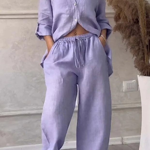 Women Plus Size Two Pieces Set Drawstring Straight Elastic Waist and Long Sleeve Button Shirt Top Matching Set Linen Cotton Set