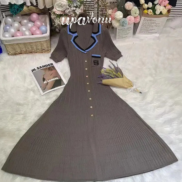 Elegant Women's Slim Fit Knitted Dress Fashionable Polo Neck Short Sleeve Single breasted Design Split Knitted Mid length Dress