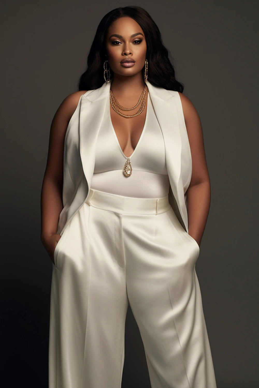 Plus Size Business Casual White Lapel Collar Pocket Wide Leg Satin Two Piece Pant Suits