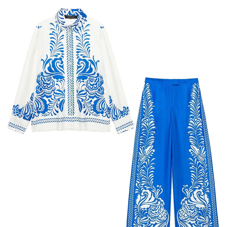 TRAFZA Women Suits Print Turn-Down Collar Long Sleeves Single Breasted Casual Shirts+High Waist Pockets Zipper Wide Leg Pants