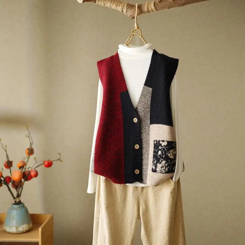 Retro Knitted Vest Cardigan Autumn/Winter Loose Design Sense Small Sweater Tank Top Women Outwear Sweater Vest Female Red One Size