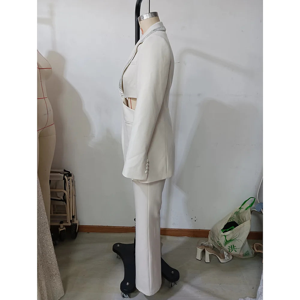 TWOTWINSTYLE Solid Hollow Out Elegant Two Piece Sets for Women Lapel Long Sleeves Spliced Hot Fix Top High Waist Pant Set Female