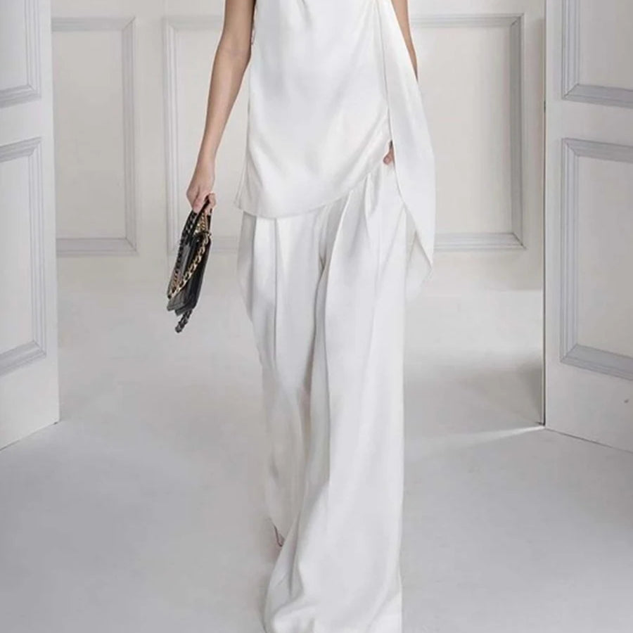 TWOTWINSTYLE Solid Loose Two Piece Sets for Women Halter Neck Sleeveless Irregular Top High Waist Wide Leg Pants Set Female New