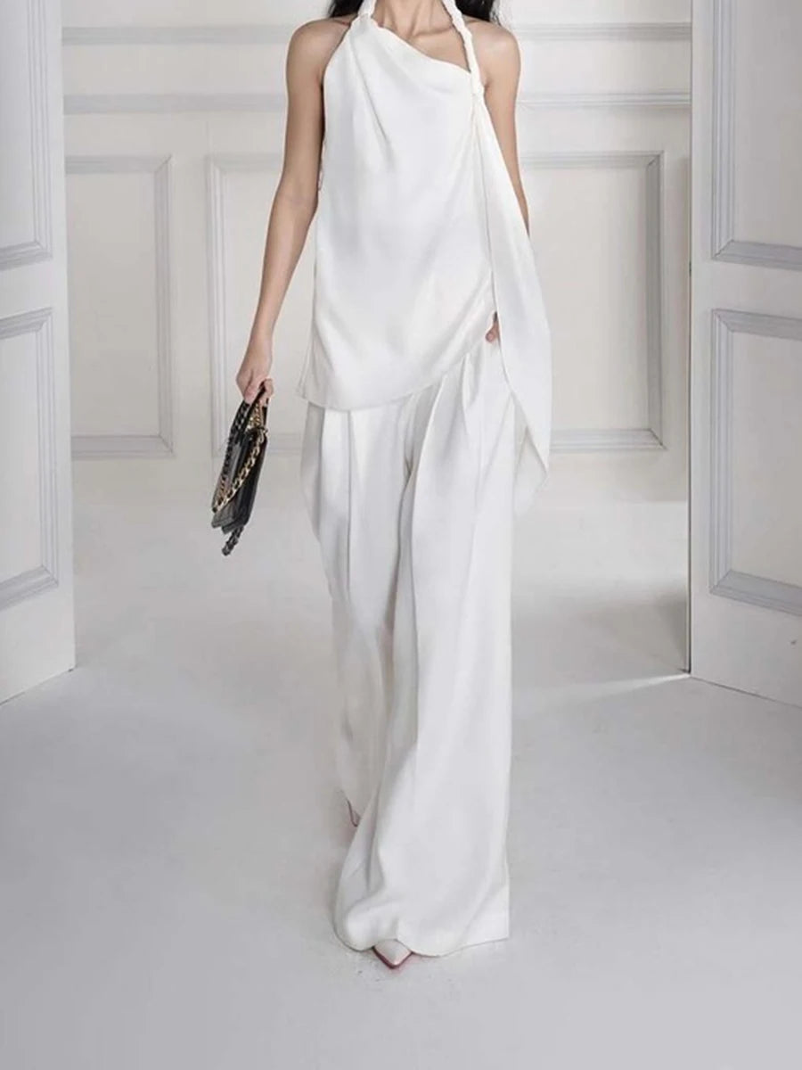 TWOTWINSTYLE Solid Loose Two Piece Sets for Women Halter Neck Sleeveless Irregular Top High Waist Wide Leg Pants Set Female New