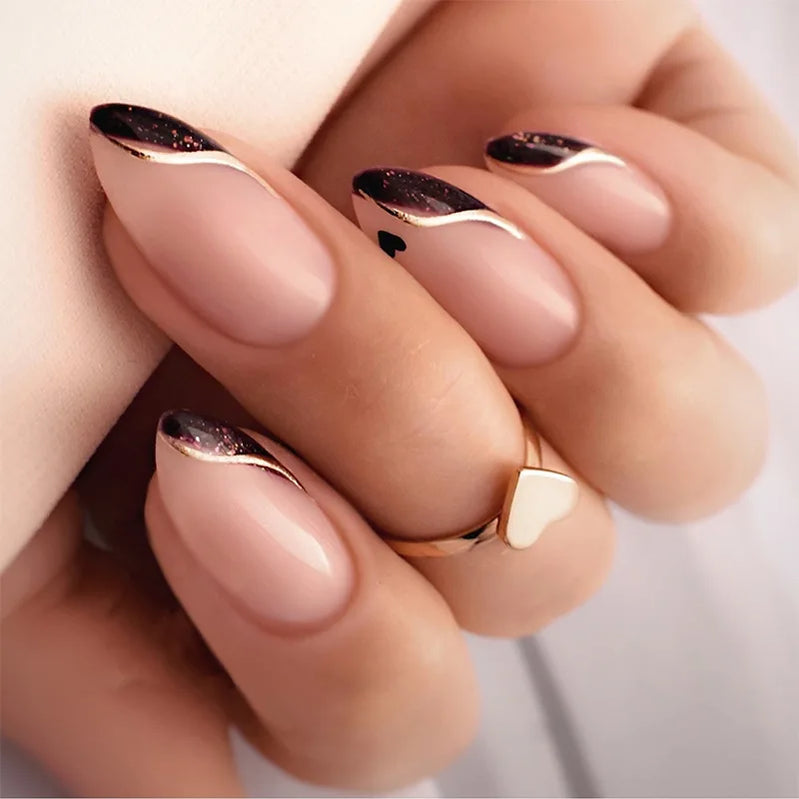 24Pcs Mid-length Almond Press on Fake Nails Irregular Line French Design Full Cover Nail Tip Shiny Powder Detachable False Nails