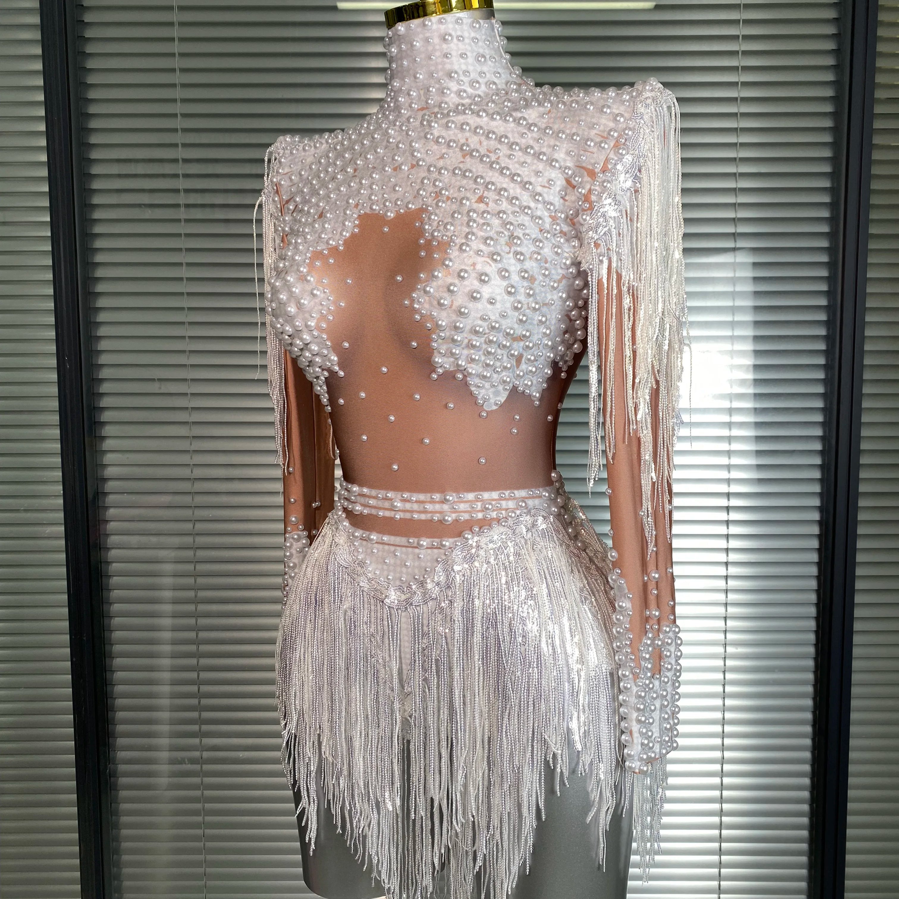 Women Sexy Skin Whtie Red Gold Crystal Stretchy Night Club Singer Dancer Tassel Dancer Red Stage Costume Party Bodysuit
