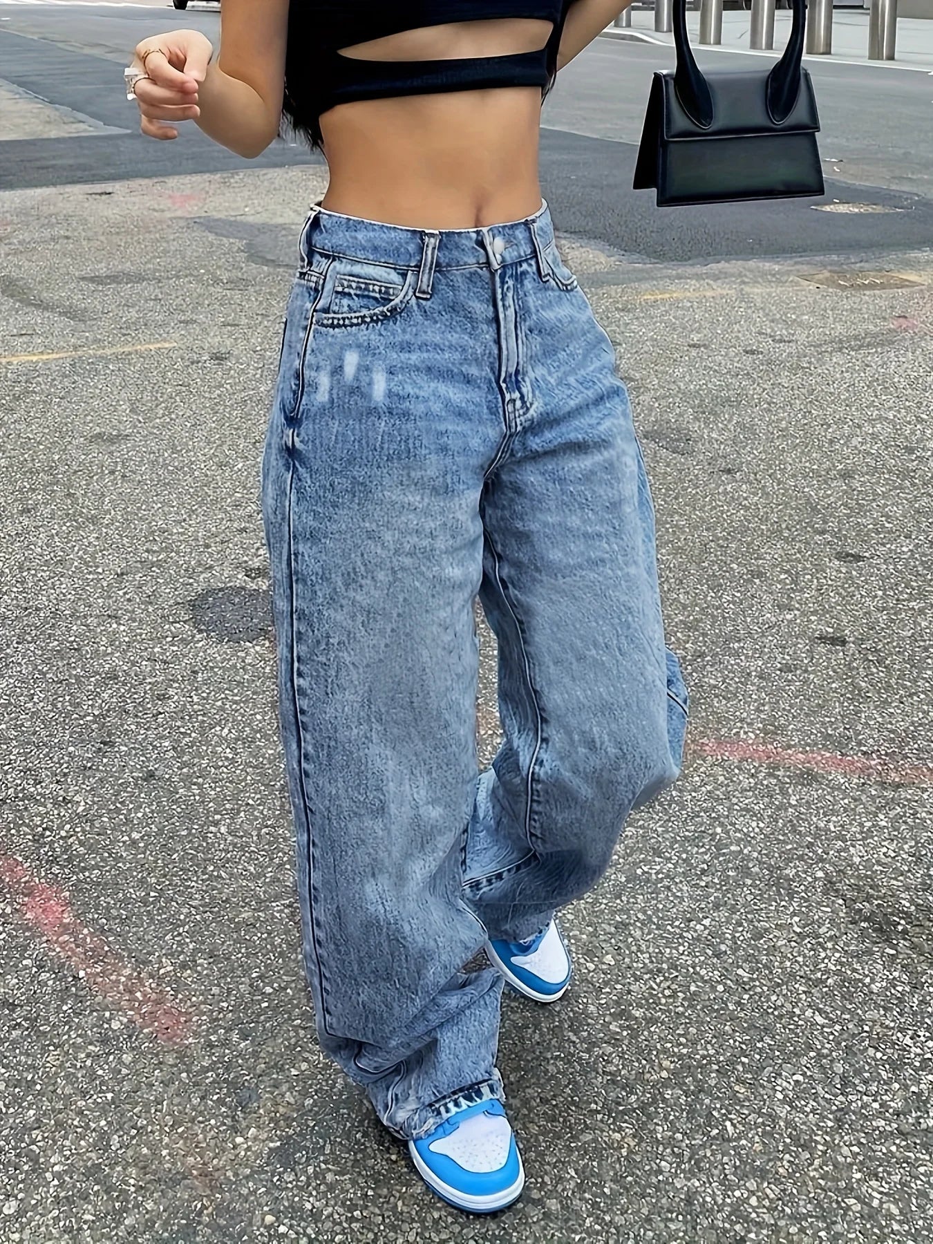 Blue Ripped Holes Straight Jeans, Loose Fit Slant Pockets Casual Wide Legs Jeans, Women's Denim Jeans & Clothing Blue