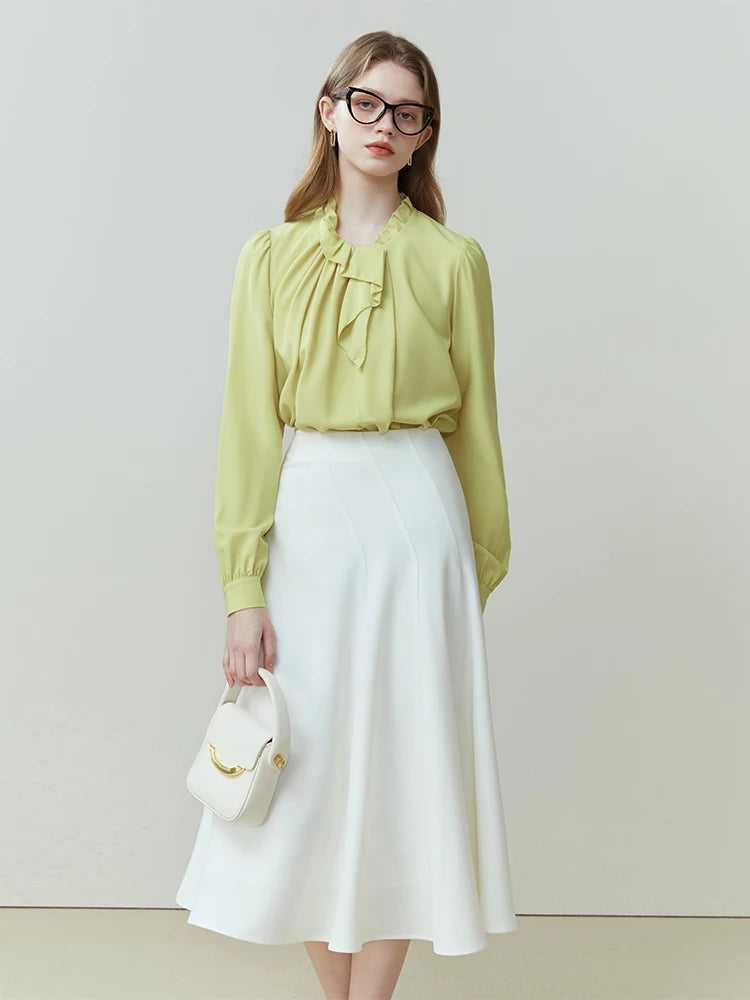 French Long-sleeved Vintage Shirt for Women Spring Summer Niche Style Wood Ear Design Commuter Solid Shirt Office Lady