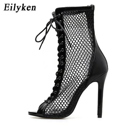 Fashion Zipper Peep Toe Mesh Woman Ankle Boots Sandals Summer Autumn High Heels Bootie Shoes Size 35-40 Black