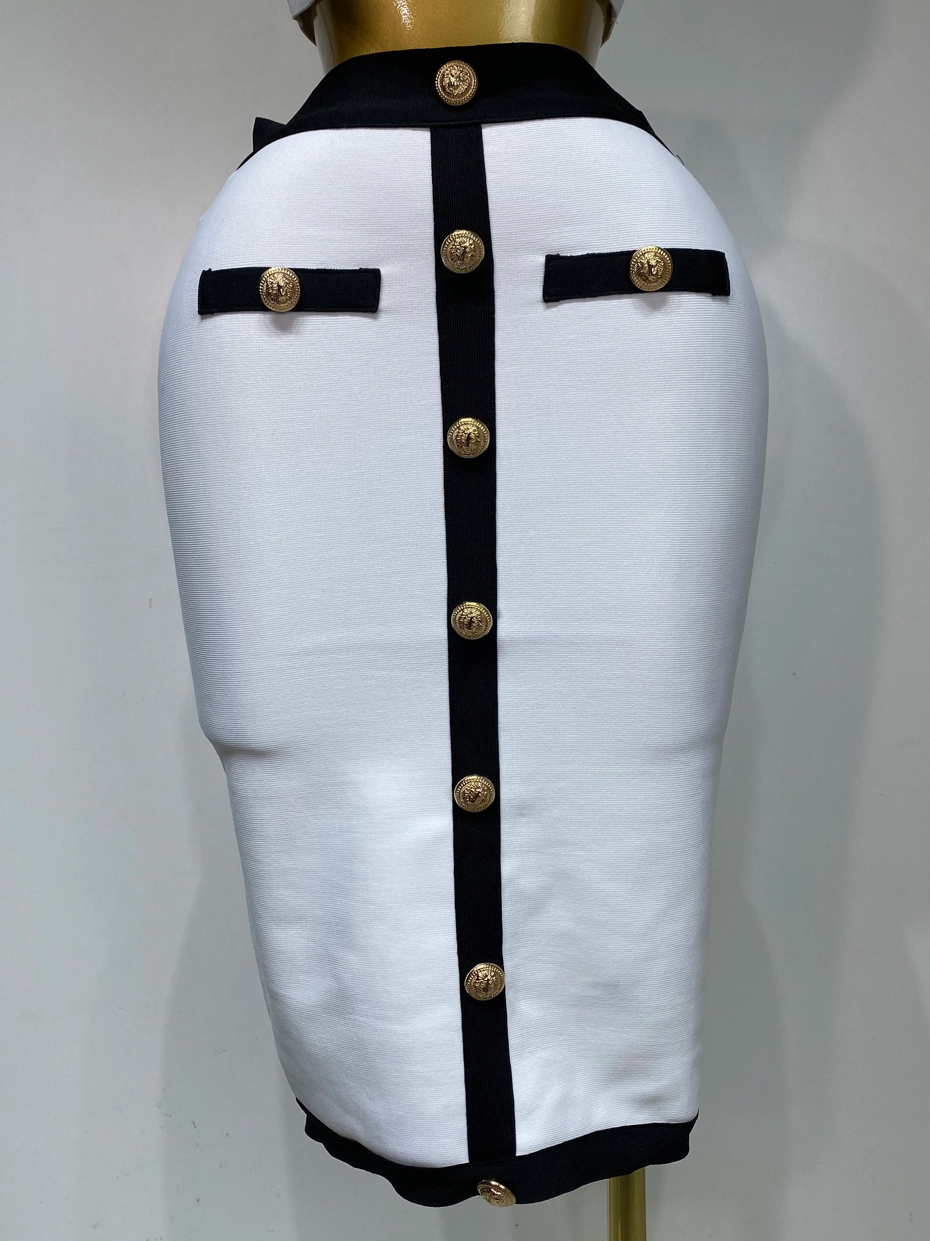 Women Button Patchwork White Black Bodycon Bandage Two Piece Set 2025 New Arrival Designer High Waist Party Club Skirt Set