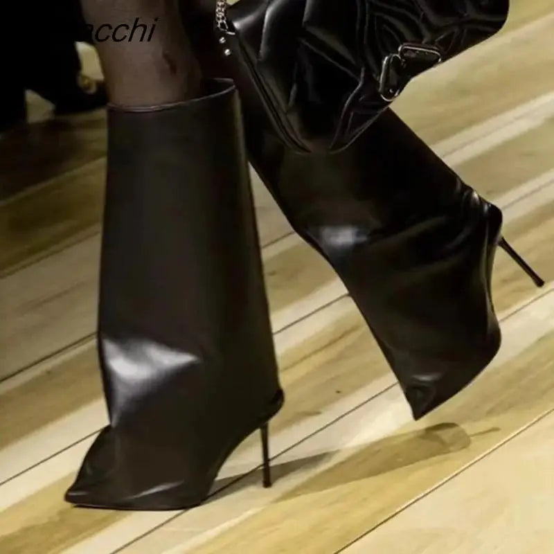 2025 Runway Women's Knee High Boots Fashion Walk Show Style Slim Heel Women Shoes Red High Heels British Style Botas De Mujer
