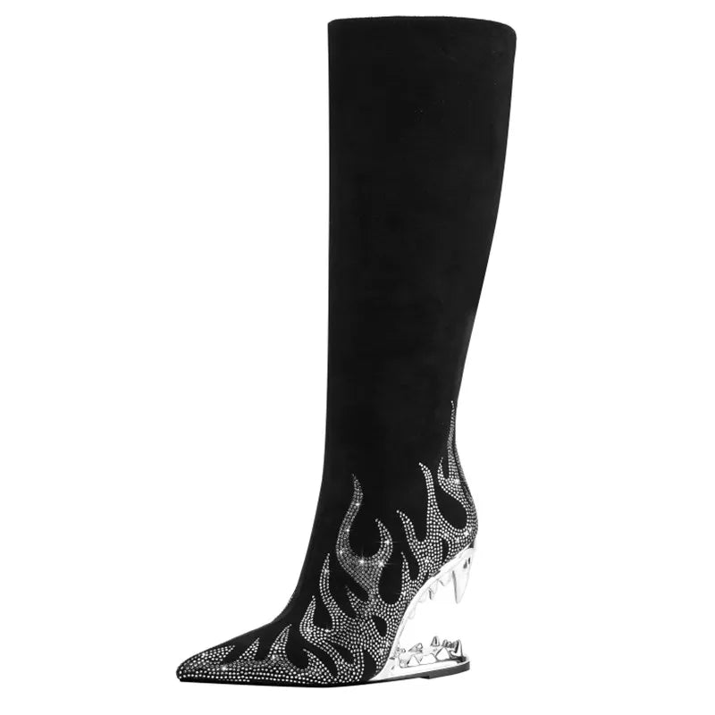 Women's Autumn and Winter New Water Diamond Knee Long Boots Pointed Side Zipper Tiger Teeth High Heels Banquet Party Boots