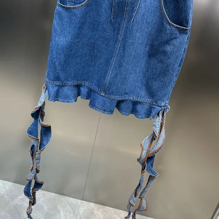 DEAT Line Up Waist Pocket Spiral Decoration Trendy Denim Dresses For Women Strapless Back Zipper Dress Spring 11XX3821