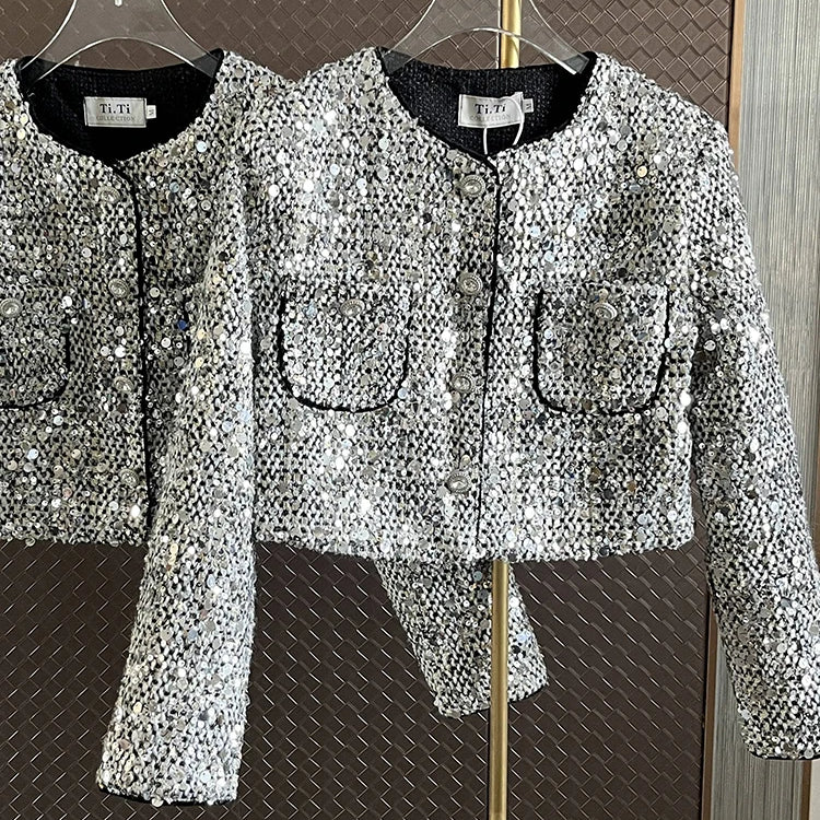 Korean Fashion Sequin Coat Women Long Sleeve Single Breasted Loose Outwears Jacket Autumn Winter New Clothes