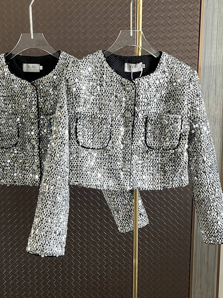 Korean Fashion Sequin Coat Women Long Sleeve Single Breasted Loose Outwears Jacket Autumn Winter New Clothes