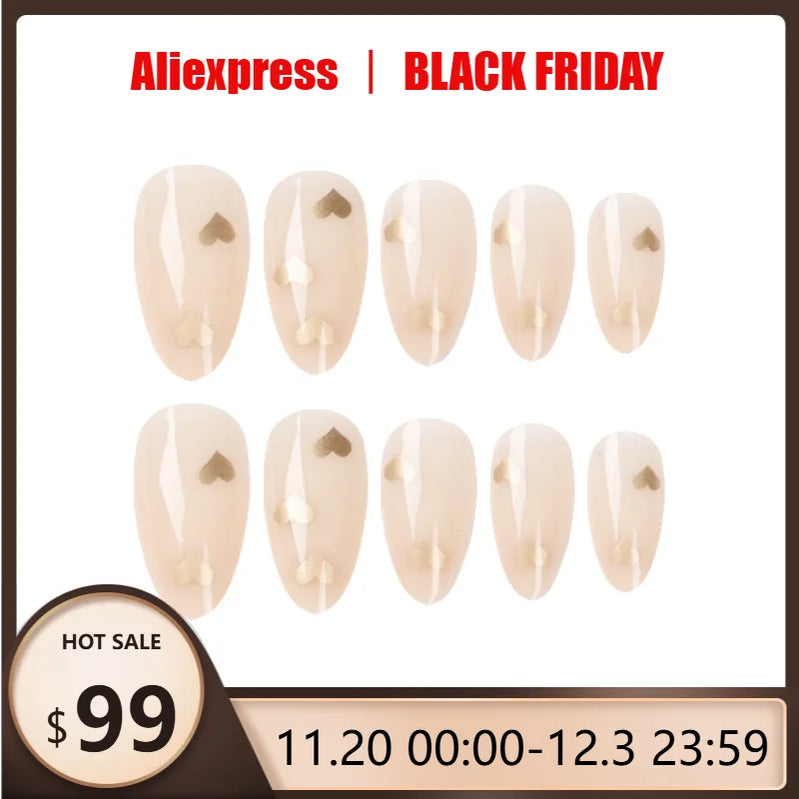 24pcs Simple French Gold Heart Pattern Press on Nail Tips Artificial Fake Nails Seamless Removable False Nails
