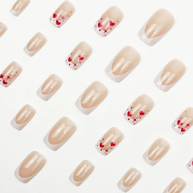White French Fake Nails Nude Color Short Square Press On Nail Red Love Heart/Star/Dot Printed Women Valentine's Day DIY Manicure