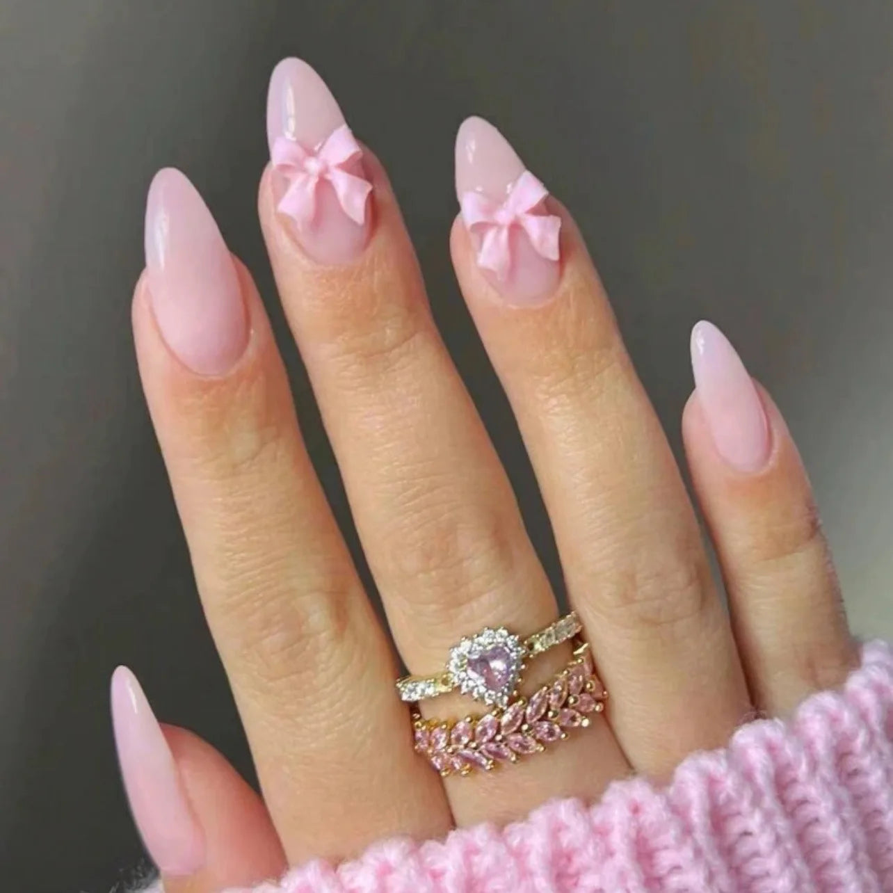 Pink French Style Fake Nails Almond Ballerina Press on Nails 3D Bowknot Designs Nude Color Stick-on False Nails Tips 24Pcs