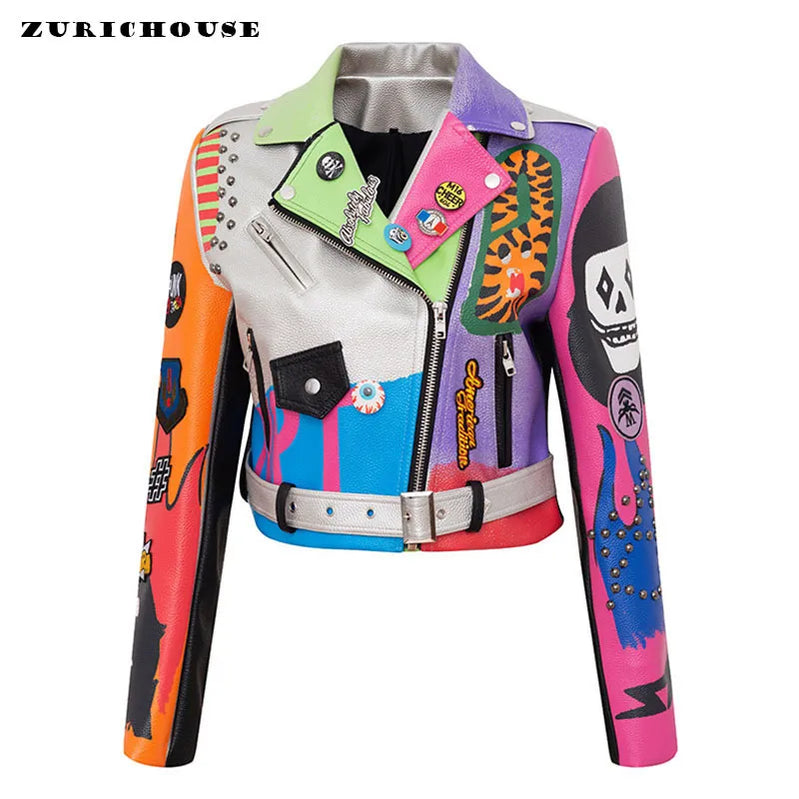 Cropped Leather Jackets Women Colorful Graffiti Studded Coat Punk Faux Leather Motorcycle Biker Jacket Ladies Silver