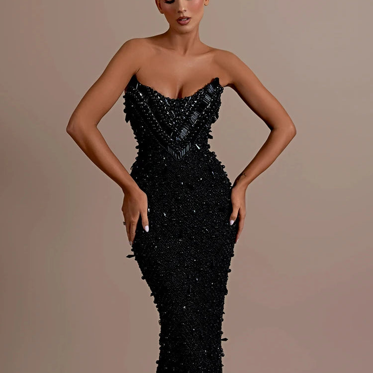 VC Stunning Strapless Sleeveless Black Crystal Sequin Dress Luxury Party Evening Gown