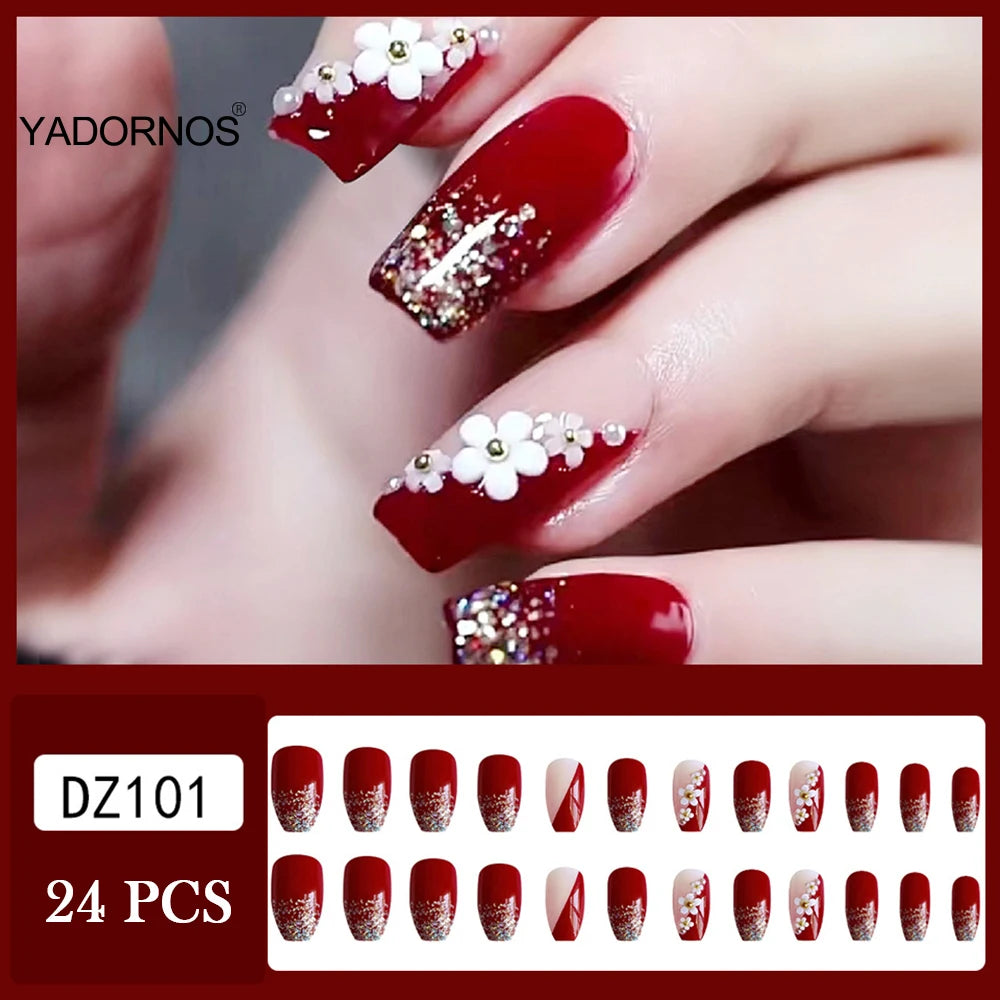 24Pcs Red Fake Nails with 3D White Flower Design Mid Length Coffin Press on Nails Wearable Korean Sweet Flower False Nails
