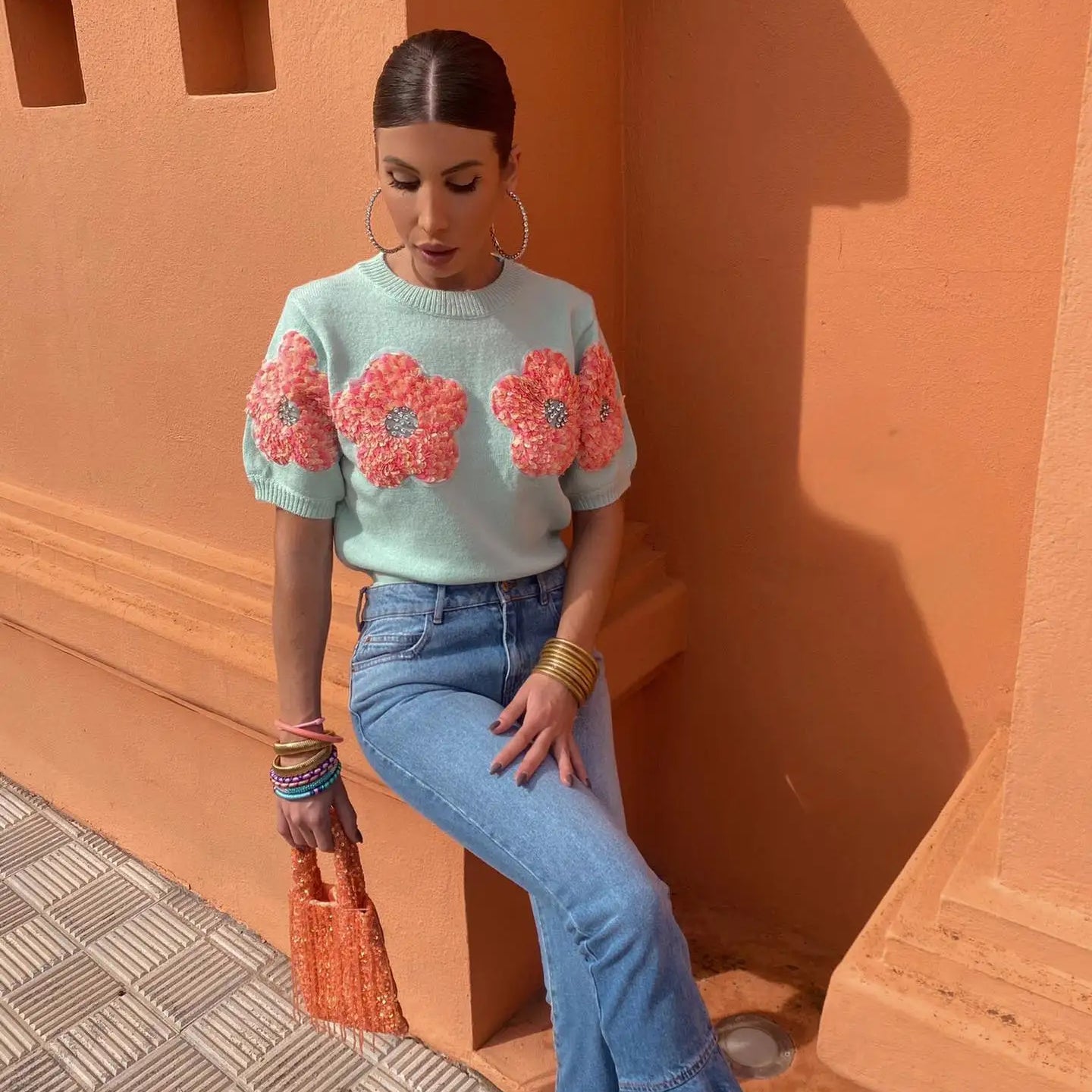 Fashion Women 3D Flower Knitted Sweater Elegant Lady O Neck Short Sleeved Pullover Tops Chic Female Commute Street Outfits Green