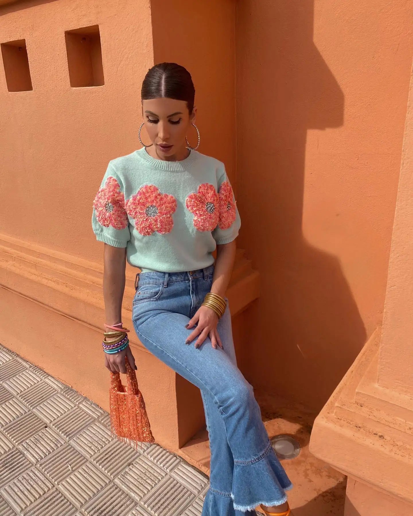 Fashion Women 3D Flower Knitted Sweater Elegant Lady O Neck Short Sleeved Pullover Tops Chic Female Commute Street Outfits Green