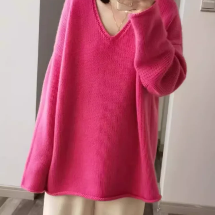 100% Pure Wool Loose V-neck Sweater Autumn Winter New Knitted Pullover Casual Fashion Korean Version Medium Long Tops Large Size