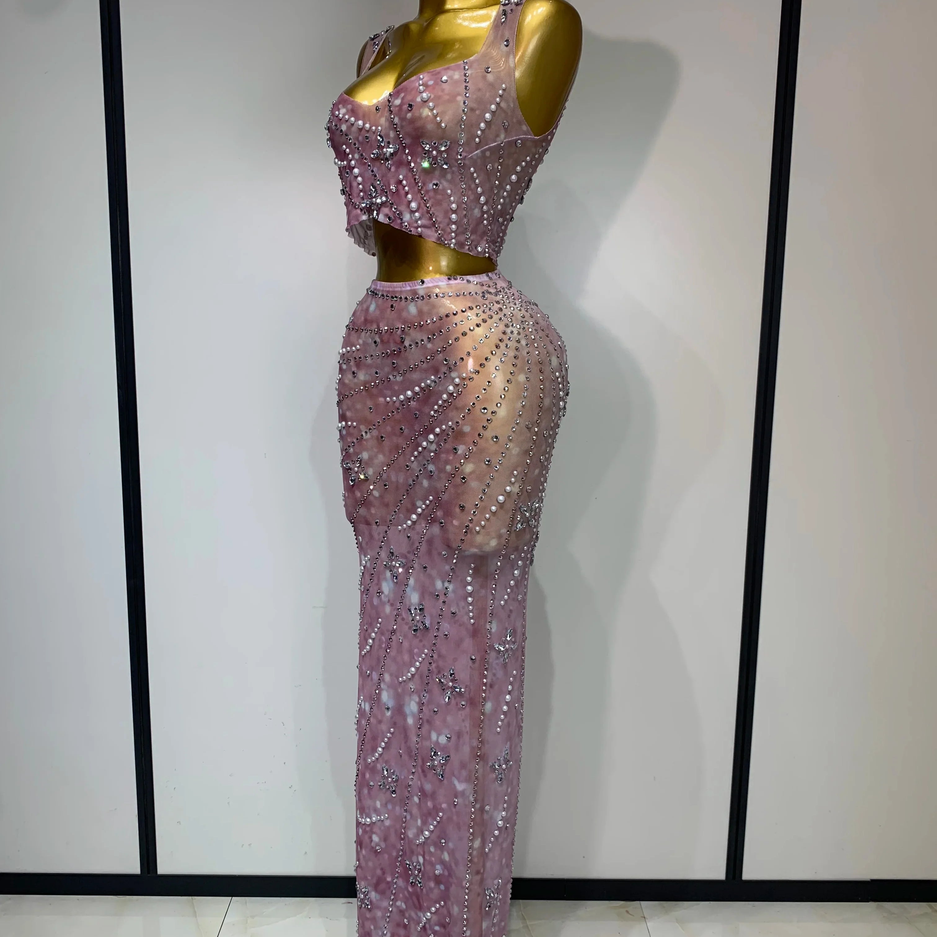Women Sexy Two Pieces Set Celebrity Luxury Rhinestone Nightclub Skirt Suits Singer Dancer Stage Costume Evening Club Party Gowns