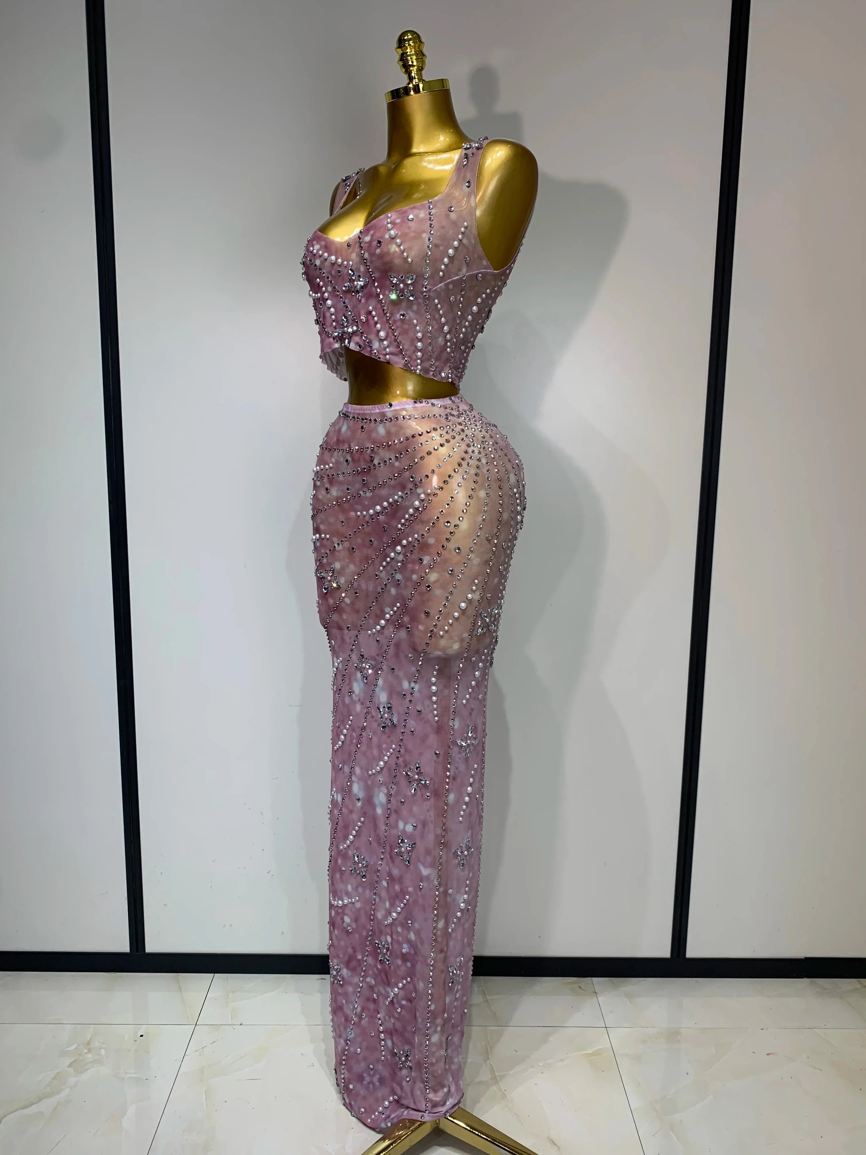 Women Sexy Two Pieces Set Celebrity Luxury Rhinestone Nightclub Skirt Suits Singer Dancer Stage Costume Evening Club Party Gowns