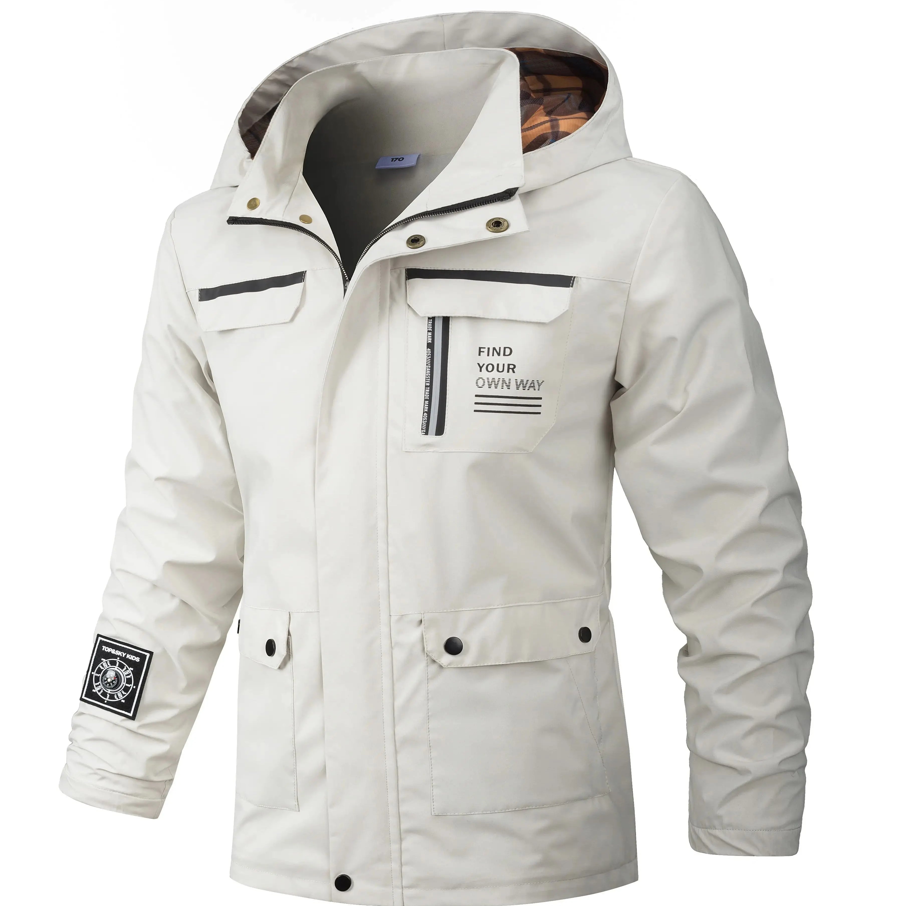 Boys Waterproof Jacket, Rainproof Raincoat with Compass and Detachable Hat, Lightweight Windproof Rain Jacket grey