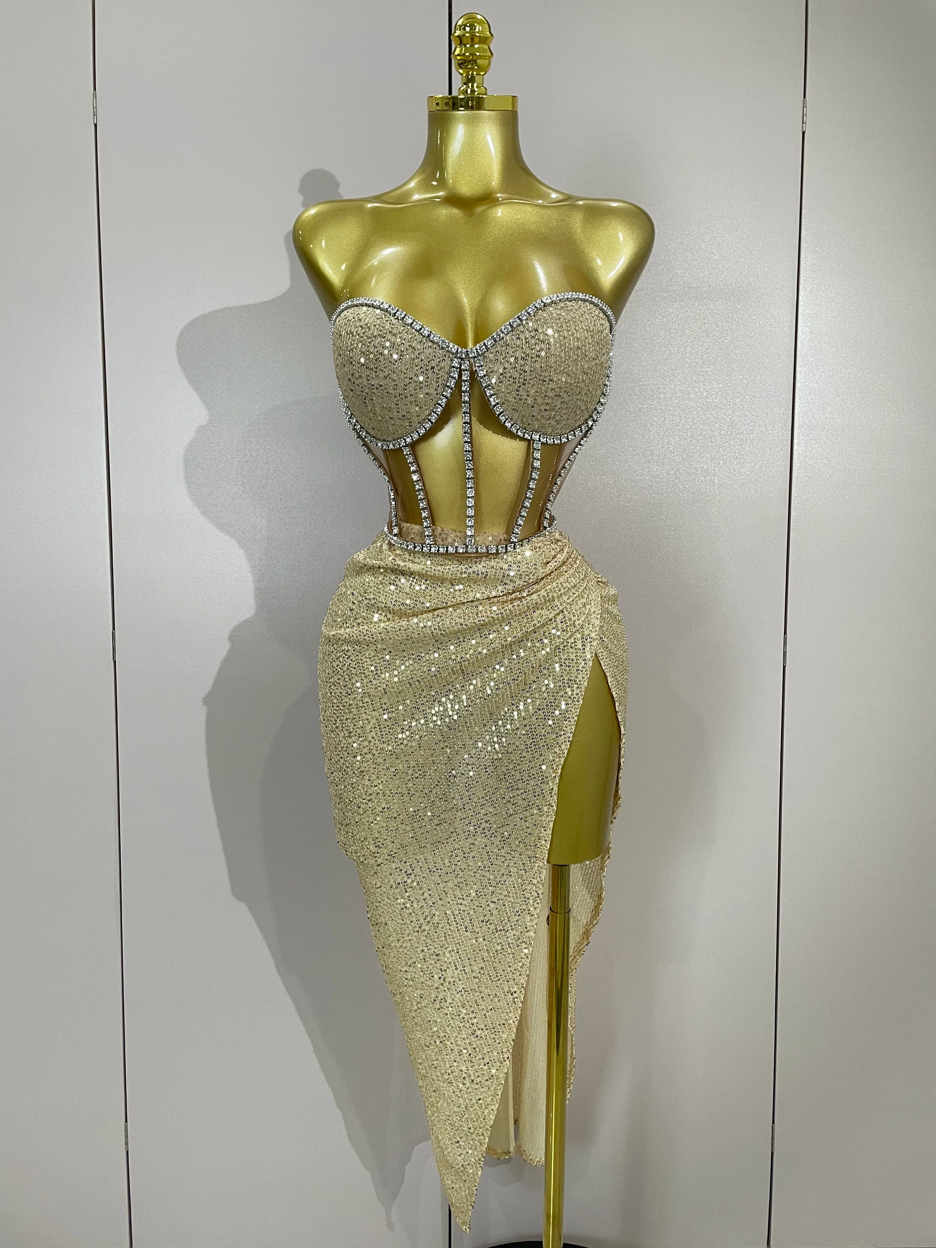 Sparkly Sequins Diamond Birthday Party Two Piece Set Evening Dress 2025 Women Sexy Singer Dancer NightClub Bar Performan Costume