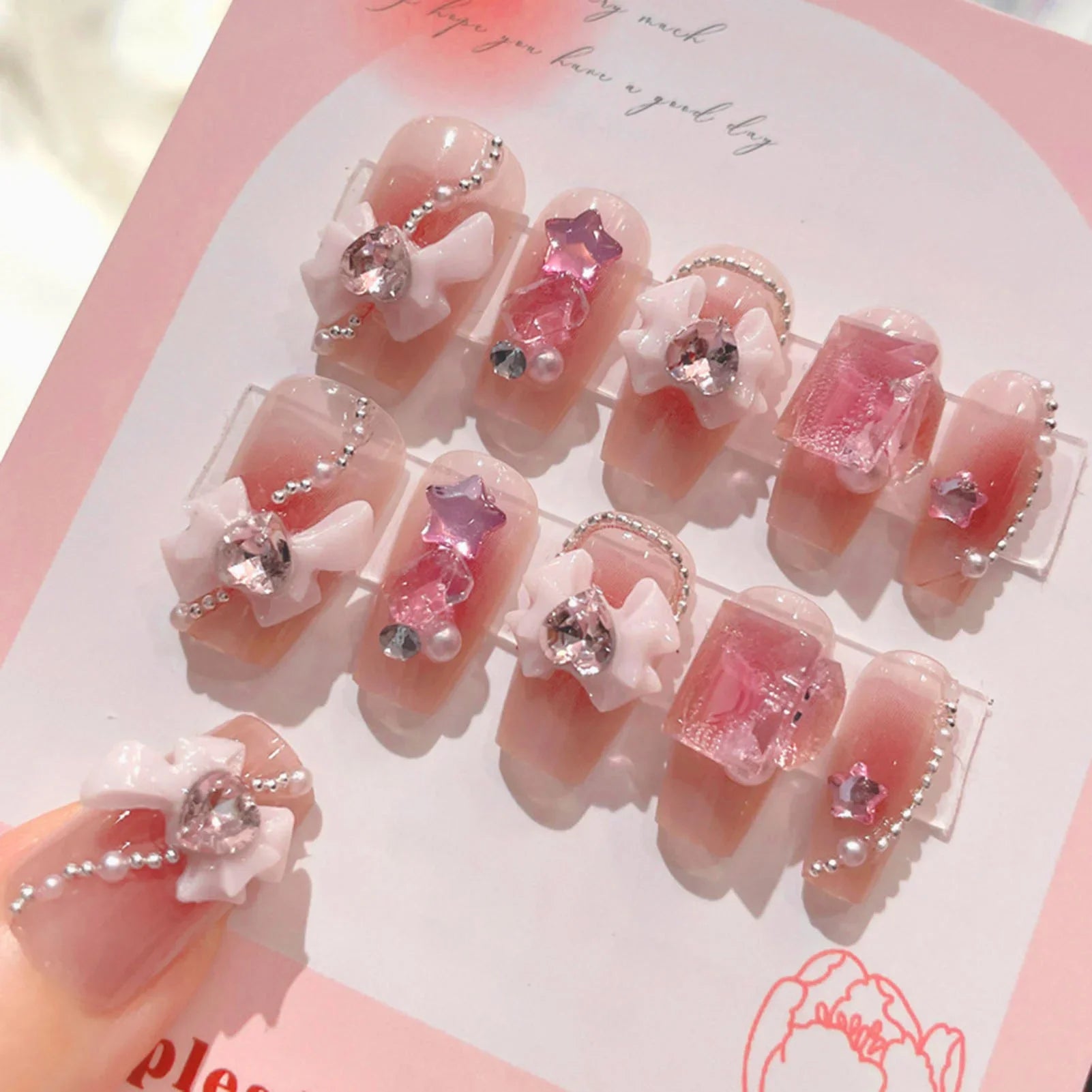 Short Square Blush Pink Fake Nails 24Pcs Sweet Girls Press On Nails 3D Bowknot/Crystal Decor Korean Fashion Acrylic False Nails
