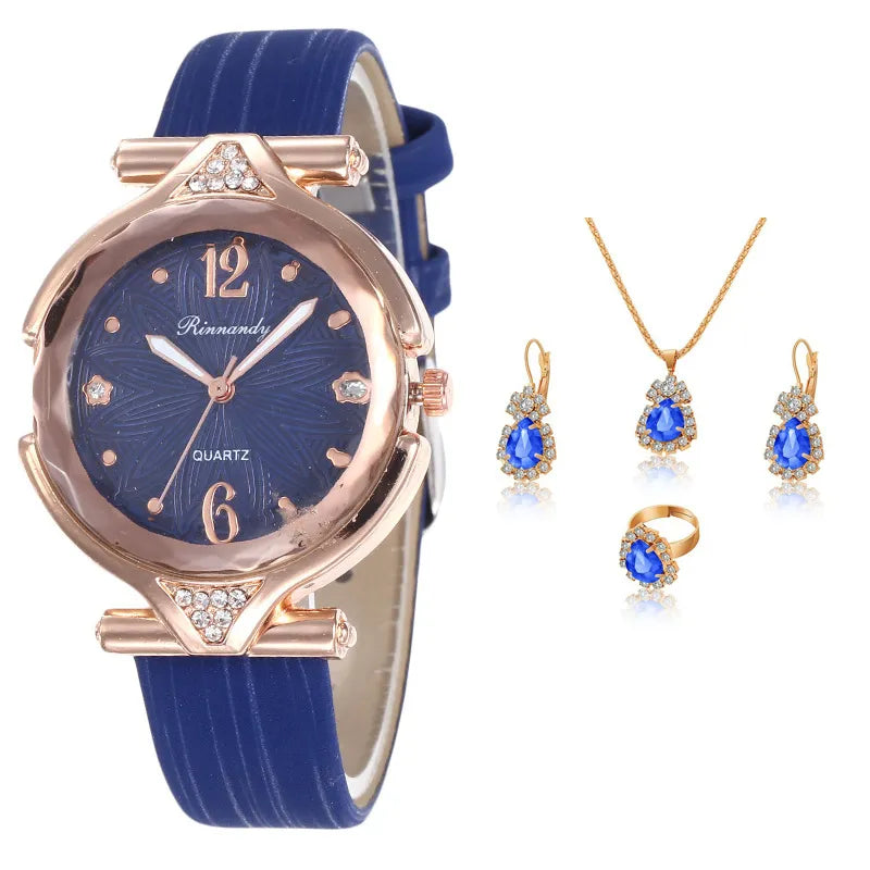 5pcs Set Fashion Women Watches Luxury Fine Ladies Wristwatch Necklace Female Ring Earring Gift Leather Quartz Watch reloj mujer 5pcs set blue
