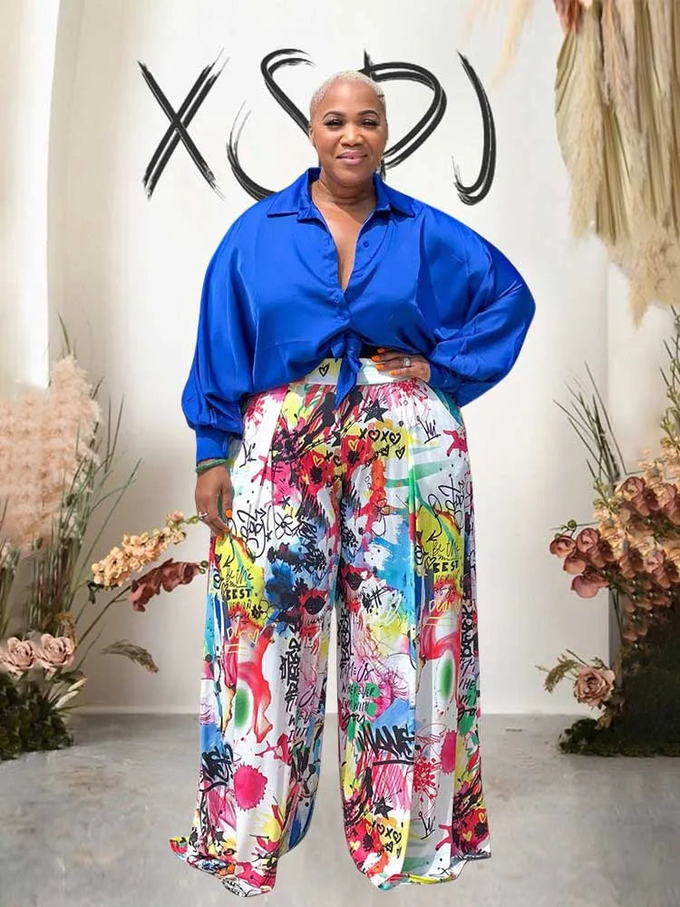 2piece Woman Outfit Streetwear Blue Silk Blouses Women Plus Size Autumn Top and Pants Suits 4xl Casual Female Pants Sets