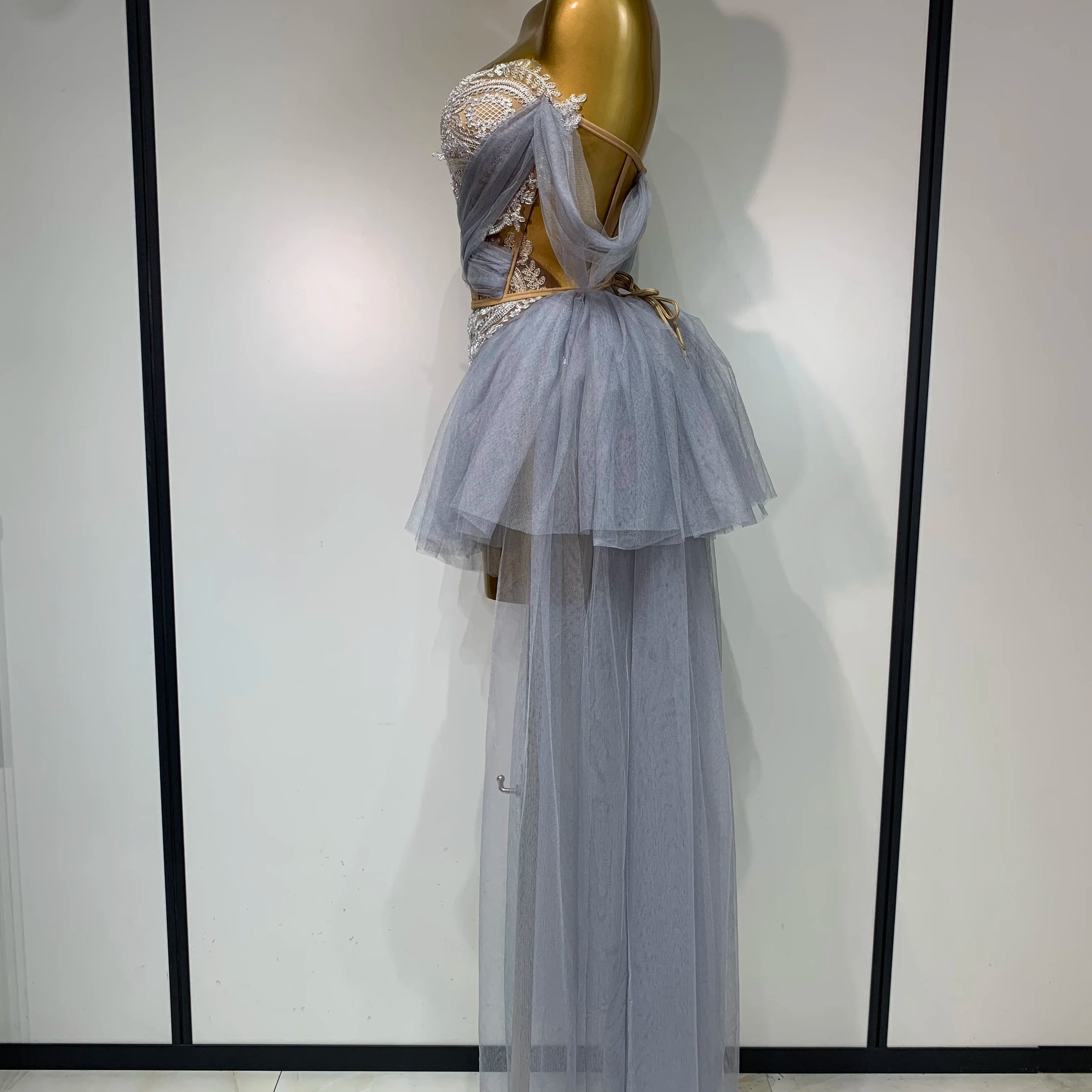 Sexy Backless Mesh Top Skirt Two Pieces Set Celebrate Festival Performance Costume Luxury Birthday Evening Party Design Dress