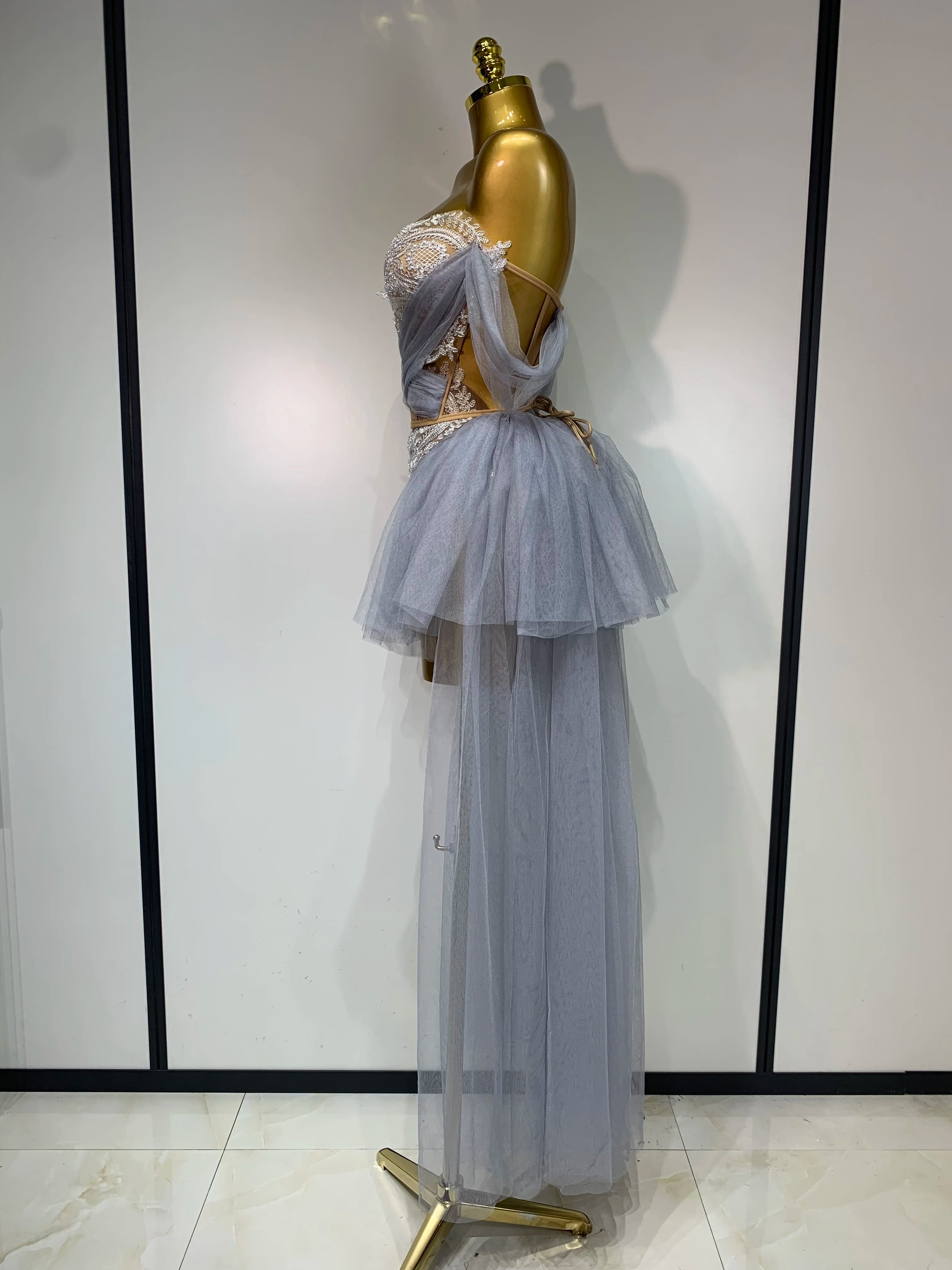 Sexy Backless Mesh Top Skirt Two Pieces Set Celebrate Festival Performance Costume Luxury Birthday Evening Party Design Dress