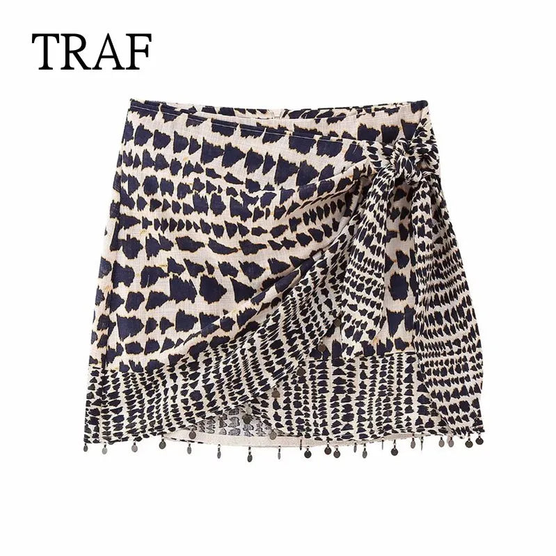 Skirts For Women Vintage Print Wrap Mini Skirt Female Clothing Korean Fashion Irregular Tassel Short Skirts Summer