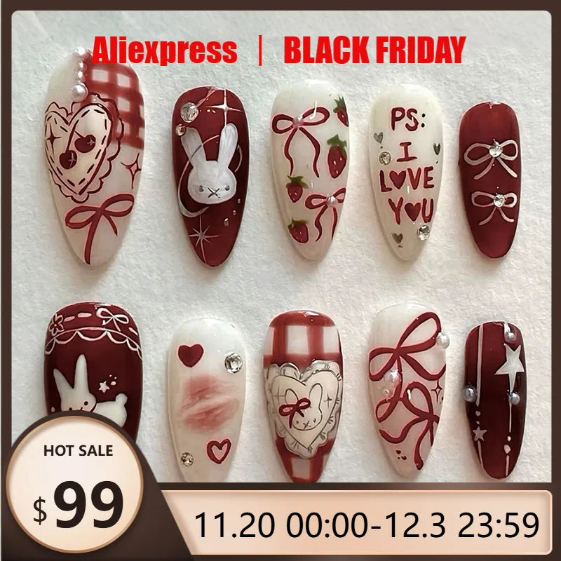 24pcs Bow Cartoon Rabbit Press on Nails Almond French Fake Nails Full Cover Wearable False Nails