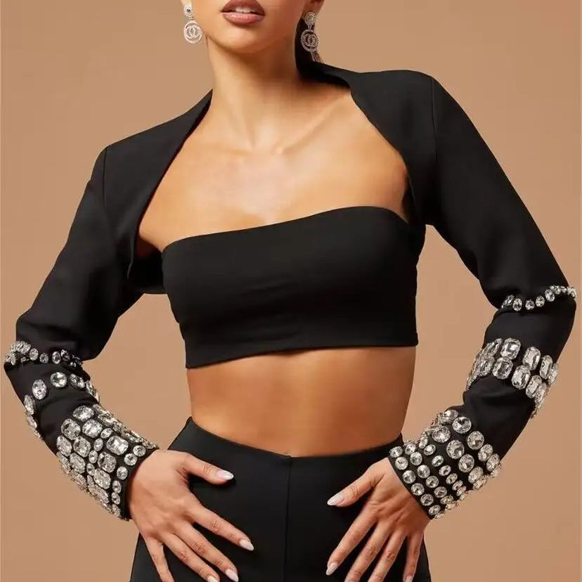 Stylish Sexy Woman Bandage Set Sparkling Diamonds Sleeve Wraps Short Strapless And Bodycon Pants 3 Pieces Evening Party Vestido