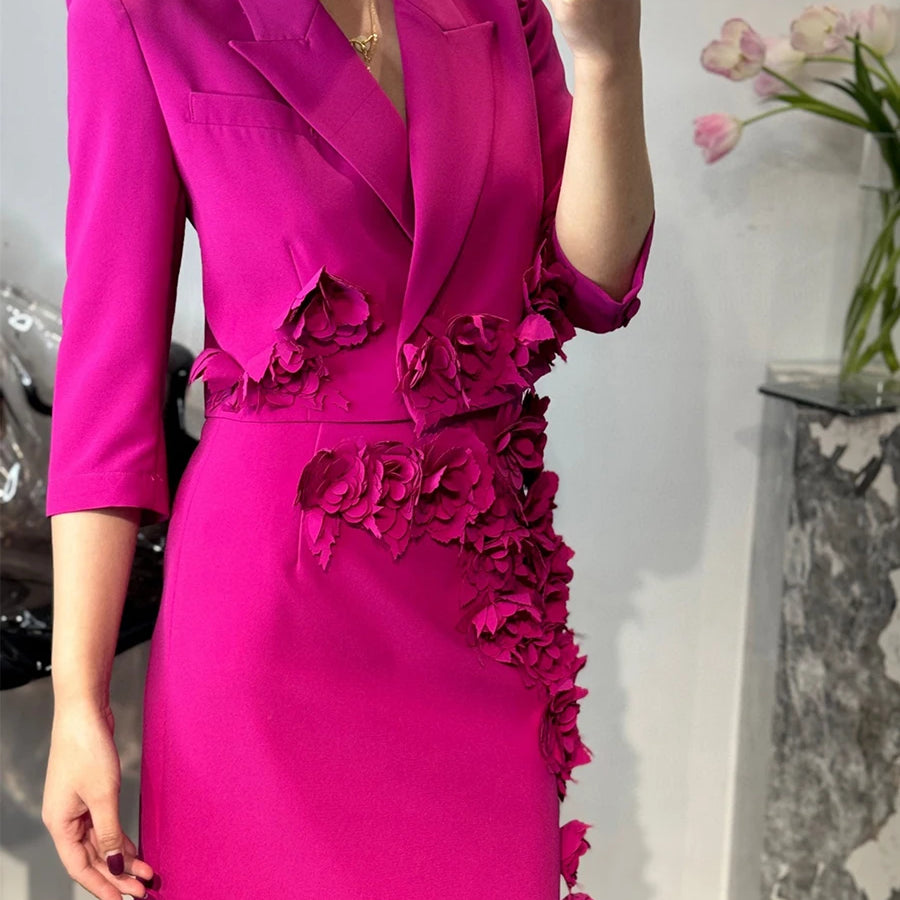 TWOTWINSTYLE Solid Slimming Spliced 3D Flower Two Piece Sets for Women Lapel Half Sleeves Short Top High Waist Skirt Set Female