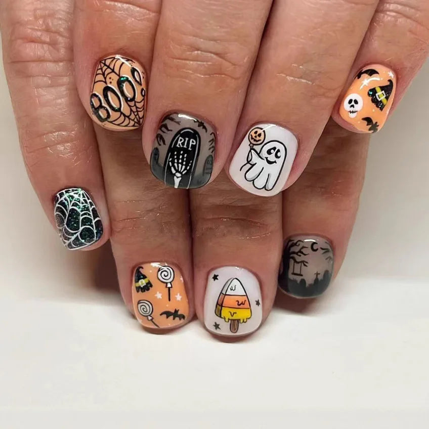 24Pcs Short Square False Nails Dark Forest Castle Design Press on Fake Nails Halloween Reusable Artificial Full Cover Nails Tips