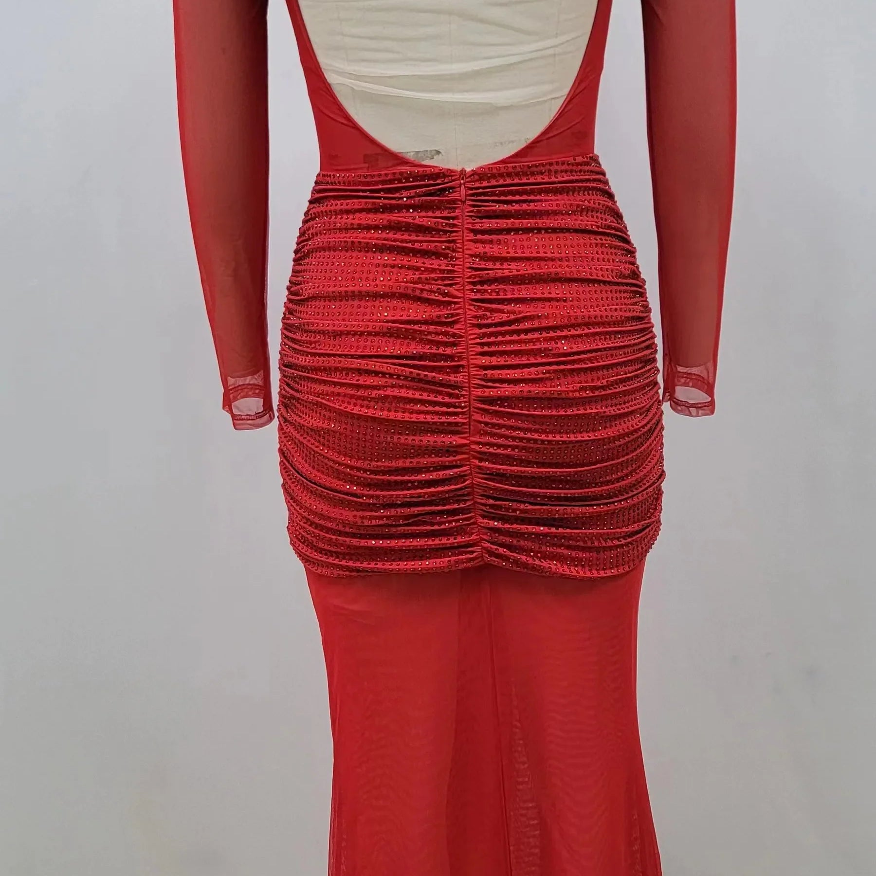 Red Color Women Long Sleeve Shinning Rhinestones Mesh Bodycon Long Dress Fashion Nightclub Party Celebrate Outfit Vestido