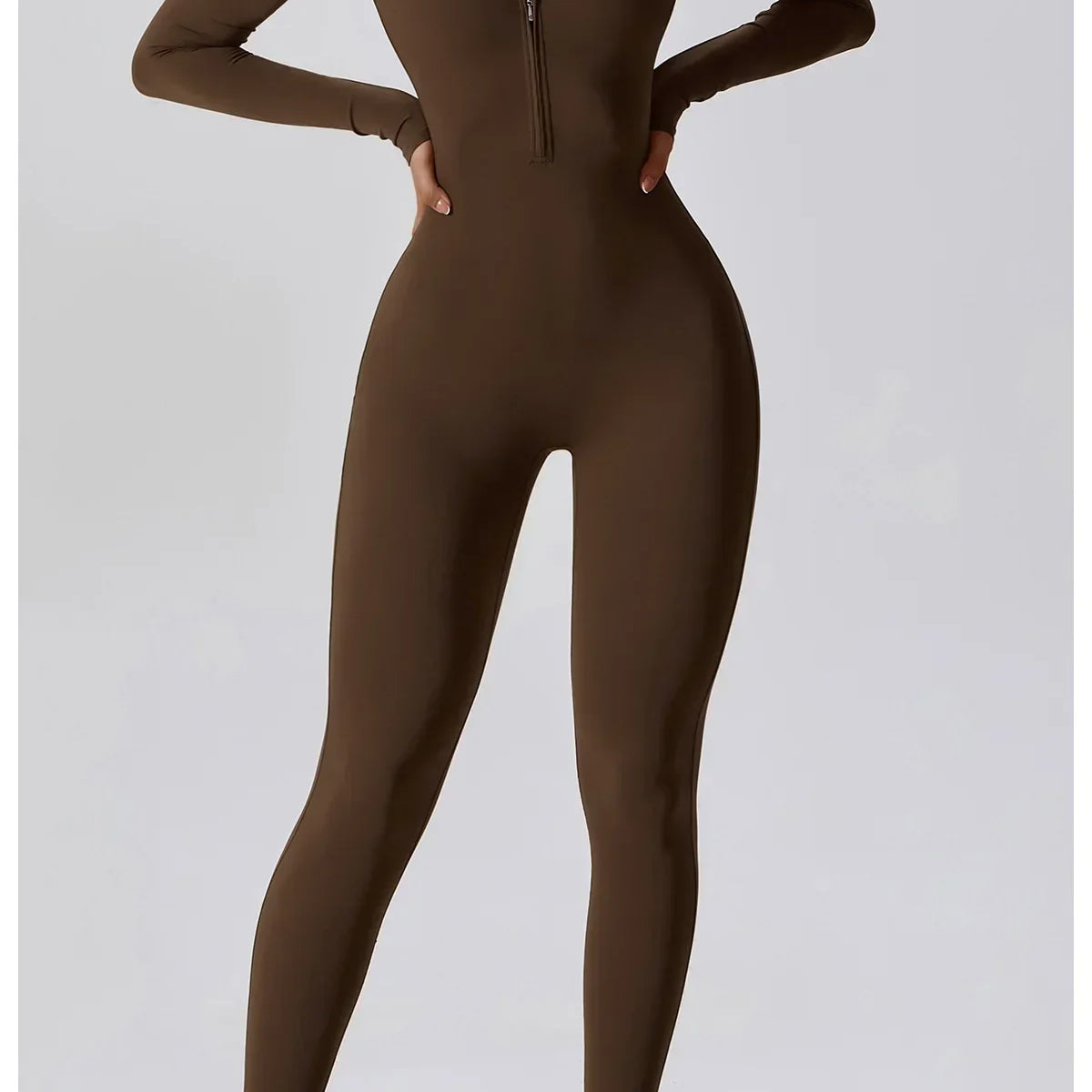 Yoga Jumpsuit Women Seamless Sports Zipper Jumpsuit Set Gym Long Sleeve Fitness Suit Elastic Gym Workout Bodysuit Athletic Wear coffee