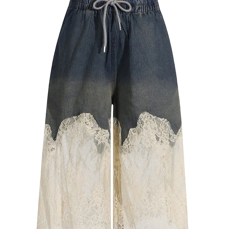 Spliced Lace Denim Two Piece Set For Women V Neck Sleevelss Top High Waist Knee Length Pant Streetwear Sets Female