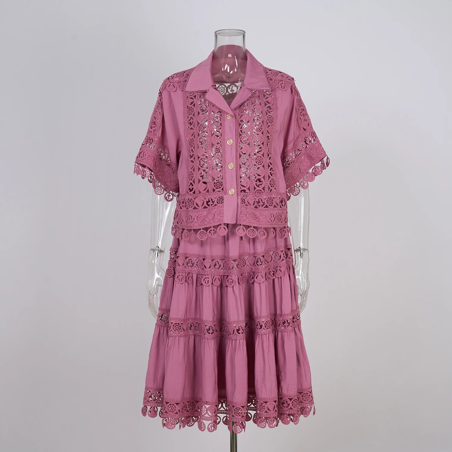 Embroidery 2 Pieces Set Women Hollow Out Loose Shirt Tops + Elastic Waist Midi Skirts Suit Summer Vacation Lace Ladies Outfit