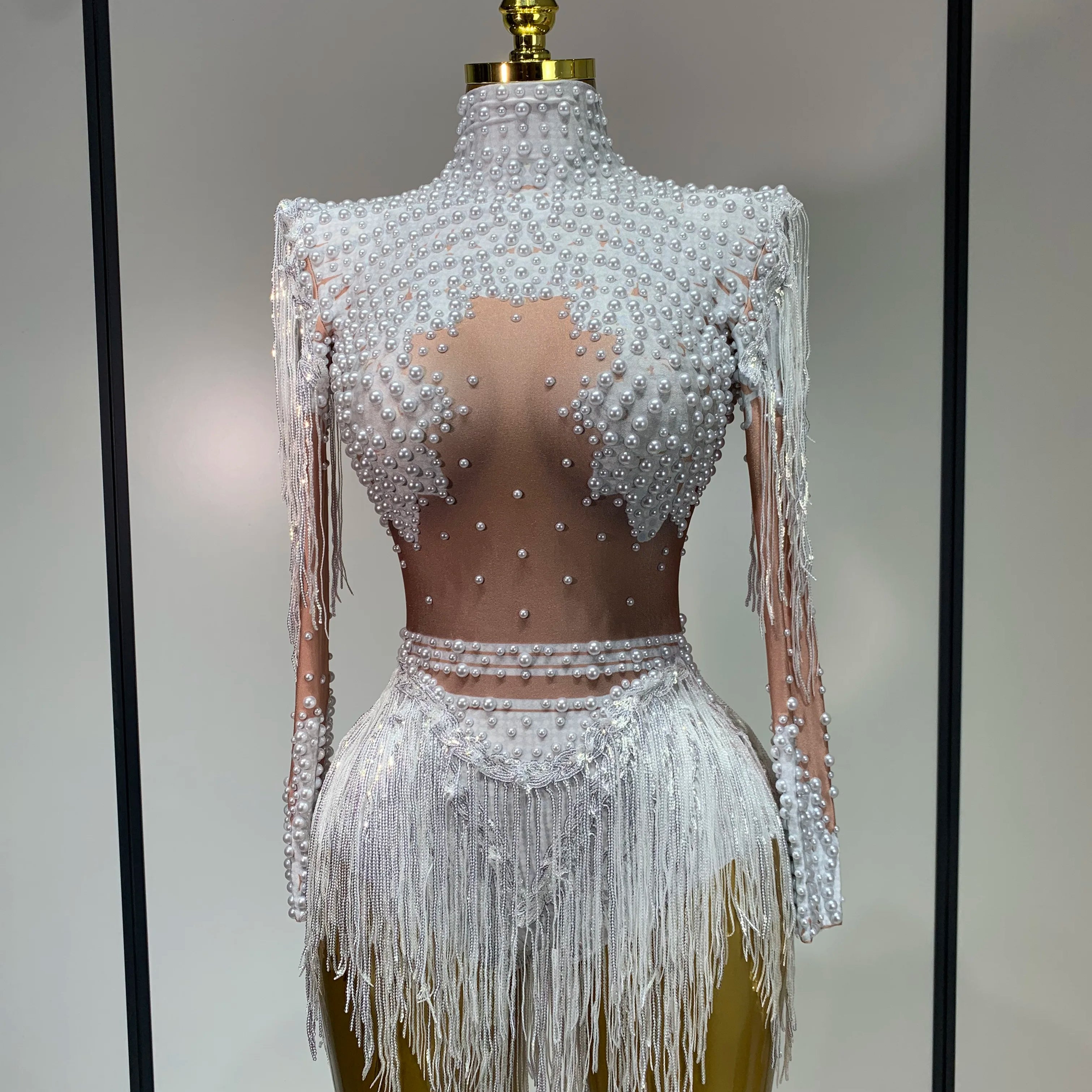 Women Long Sleeve Sexy Stretch Bodycon Shinning Tassels Rhinestones Bodysuit Celebrate Birthday Club Evening Party Stage Outfit