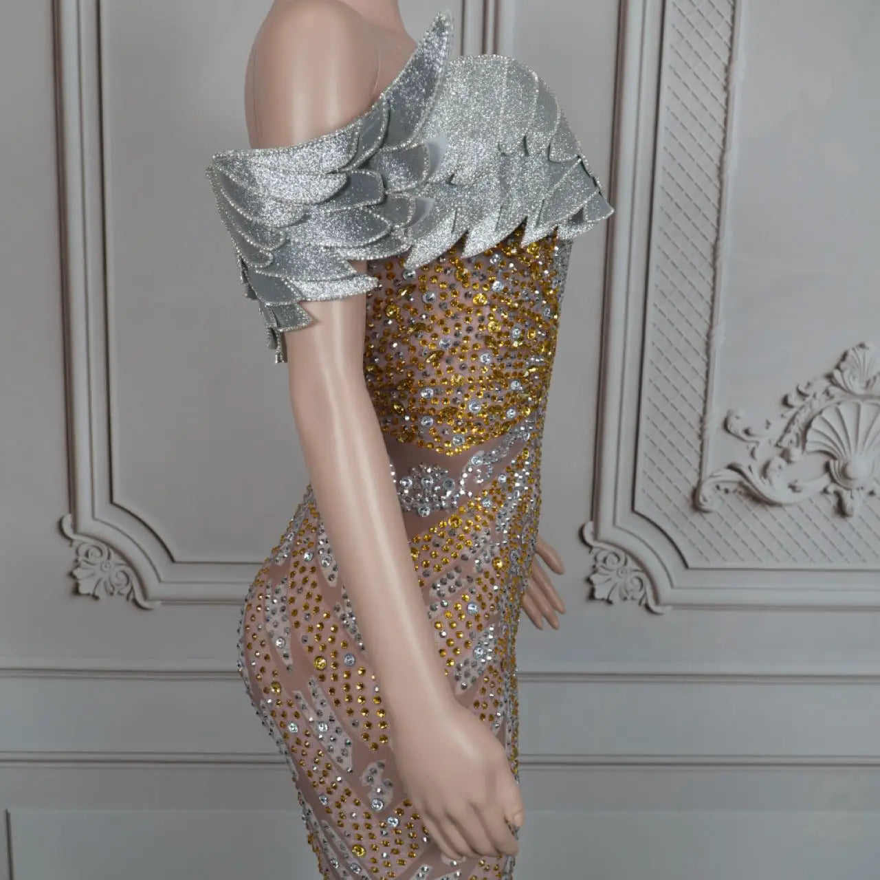 Luxury Sparkly Crystals Angel Gown Sexy Women Celebrate Party Dress High-end Wings Strapless Evening Dress Photo Shoot Wear Yuyi