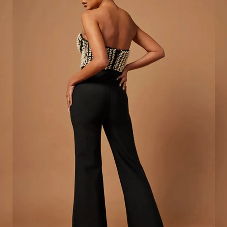 Macacão feminino luxuoso, sexy, sem alças, com pérolas e bandagem, estilo celebridade, designer de rua, 2025