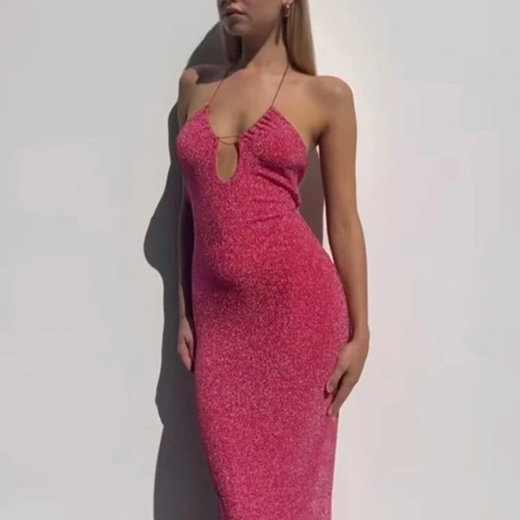 Cut Out Corsets Cami Formal Dress Women Elegant Barbie Pink Bright Silk Halter Backless Clubwear Dresses